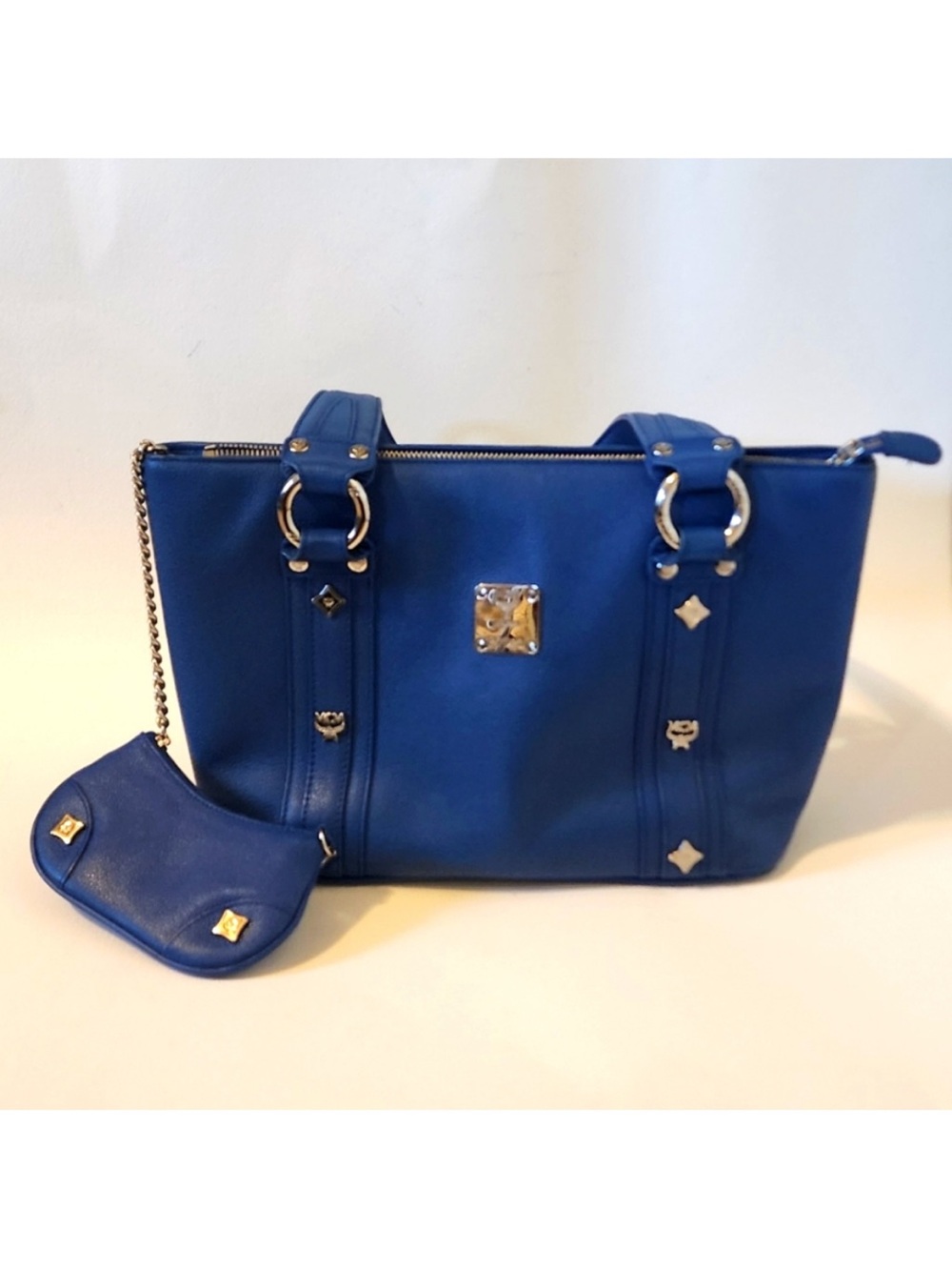 MCM Blue Leather Handbag with Detachable Coin Pouch